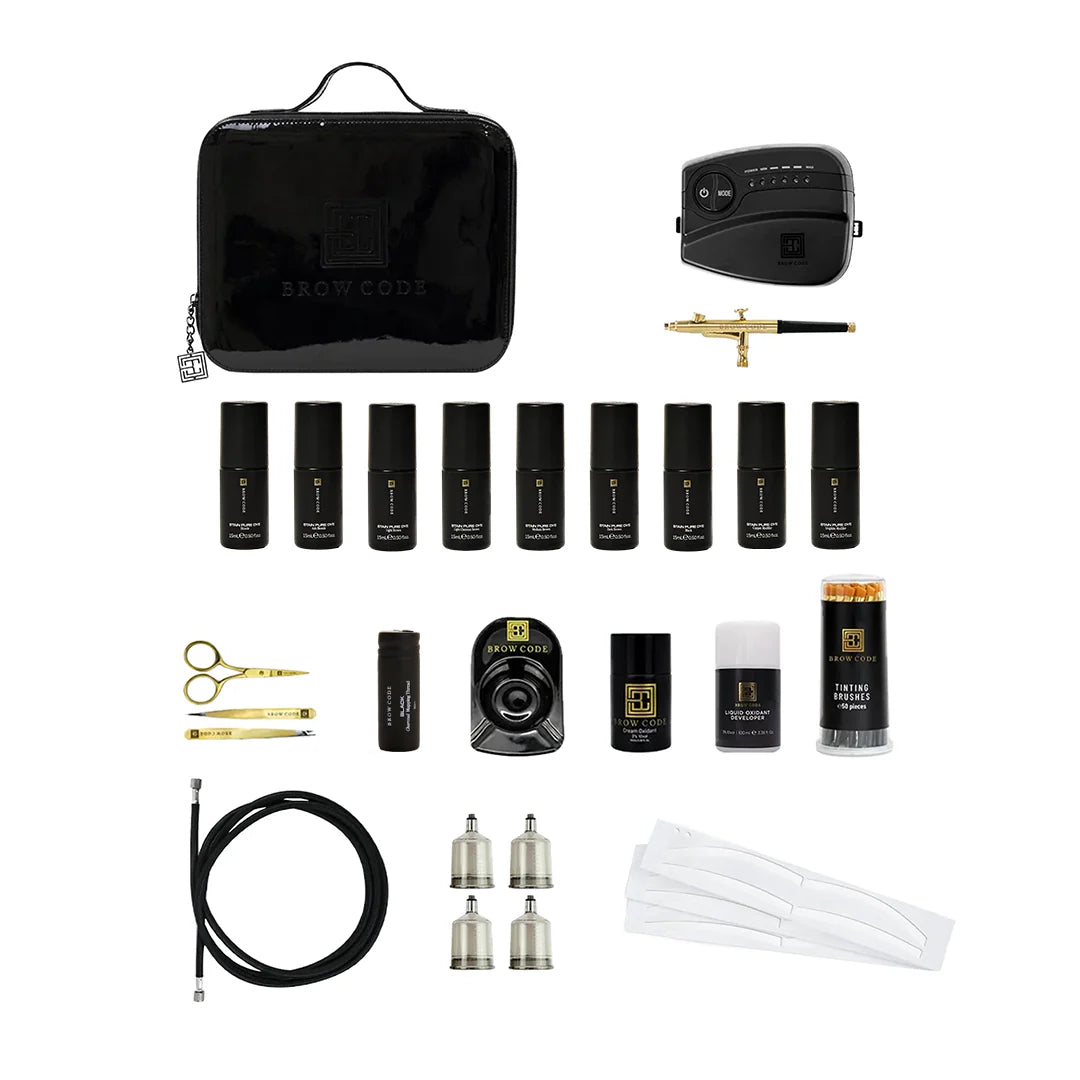 Brow Code Professional Stain Pure Brow Dye Kit (With Airbrush Machine, Stencils, and Liquid Developer)
